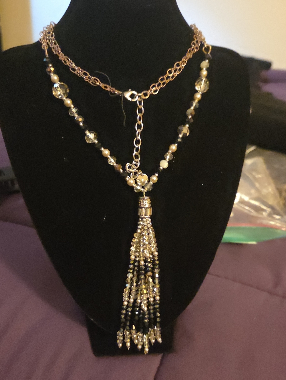 Talbots Black And Silver Tassle Beaded Necklace. 19 Inches Long Stunning